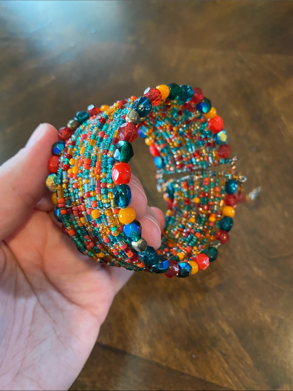 Multistrand Seed Bead Bracelet in Red, Green & Yellow